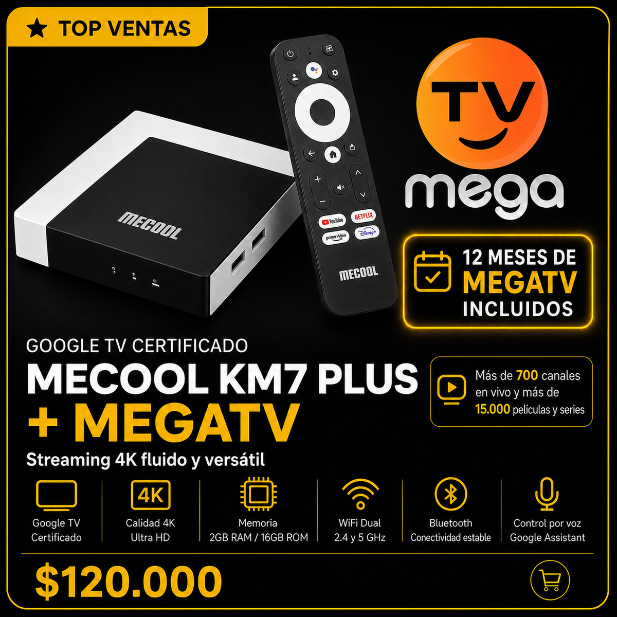 MECOOL KM7 PLUS + MEGATV – Google TV 4K con 12 meses incluidos
