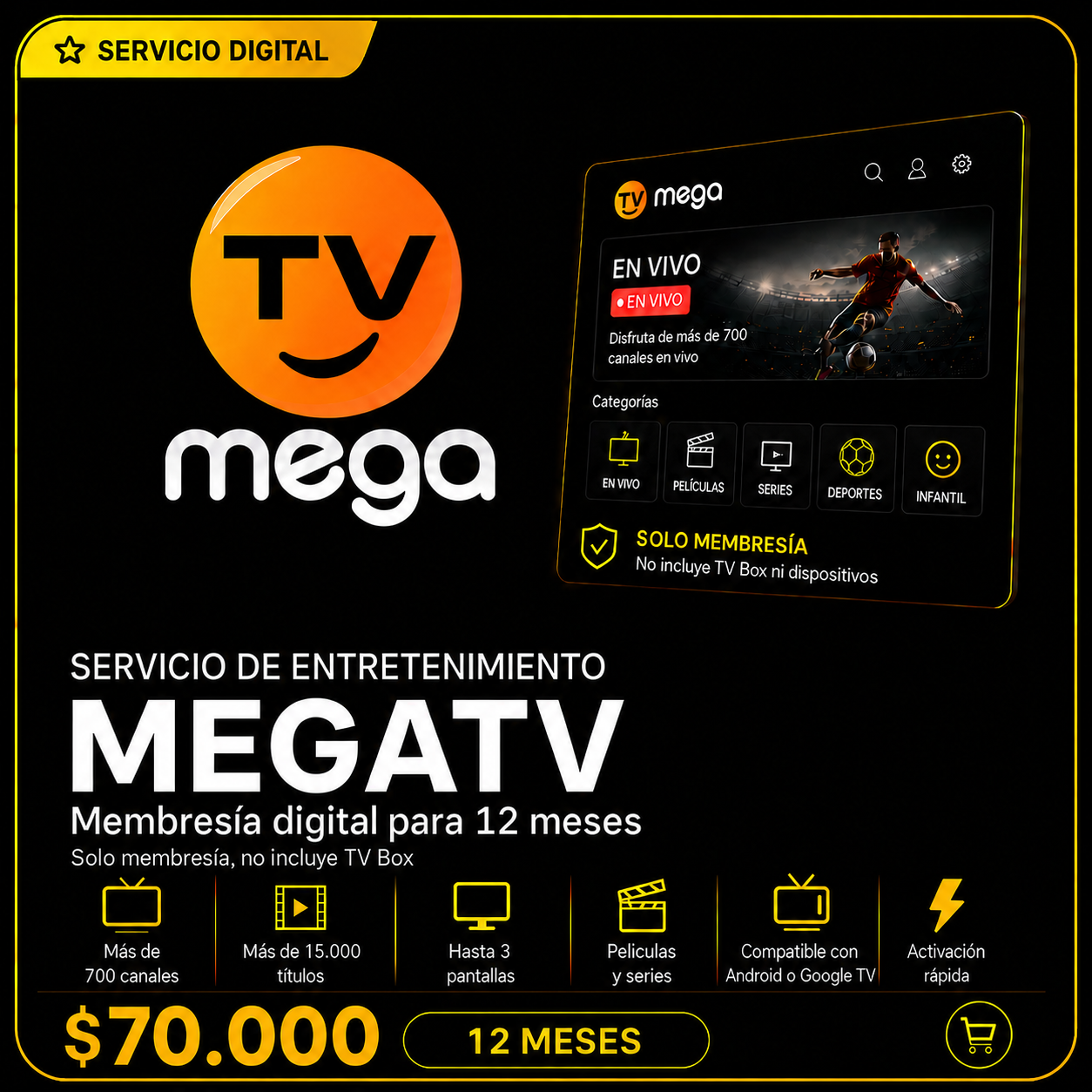 MegaTV - Membresía Digital 12 meses /3 pantallas