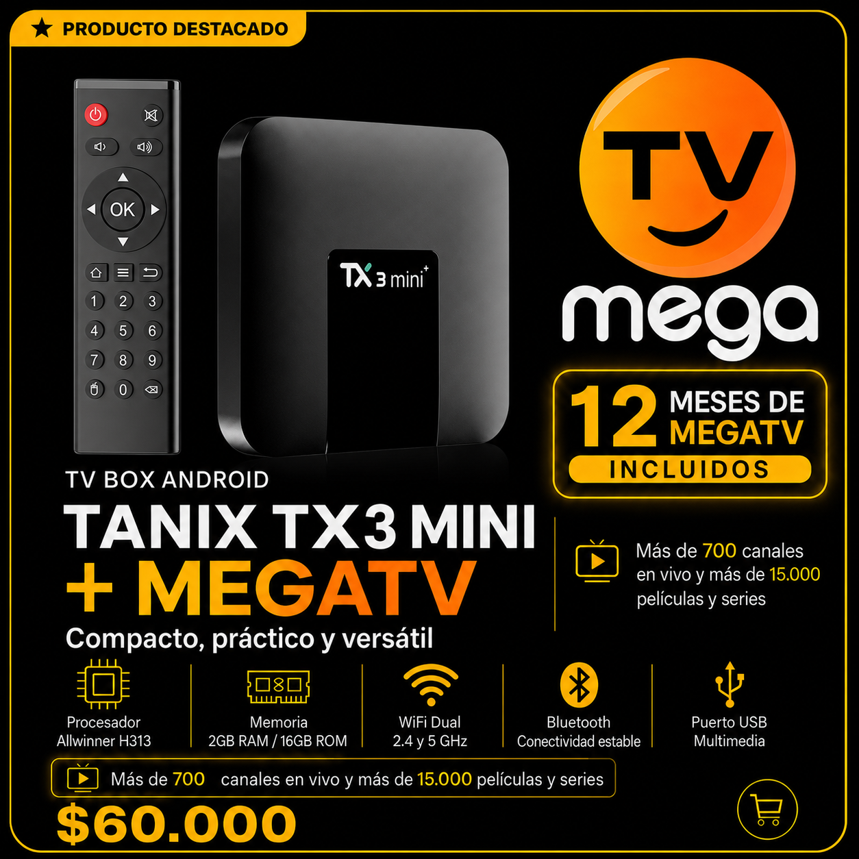 Tanix TX3 Mini + MegaTV 12 Meses / 1 Pantalla