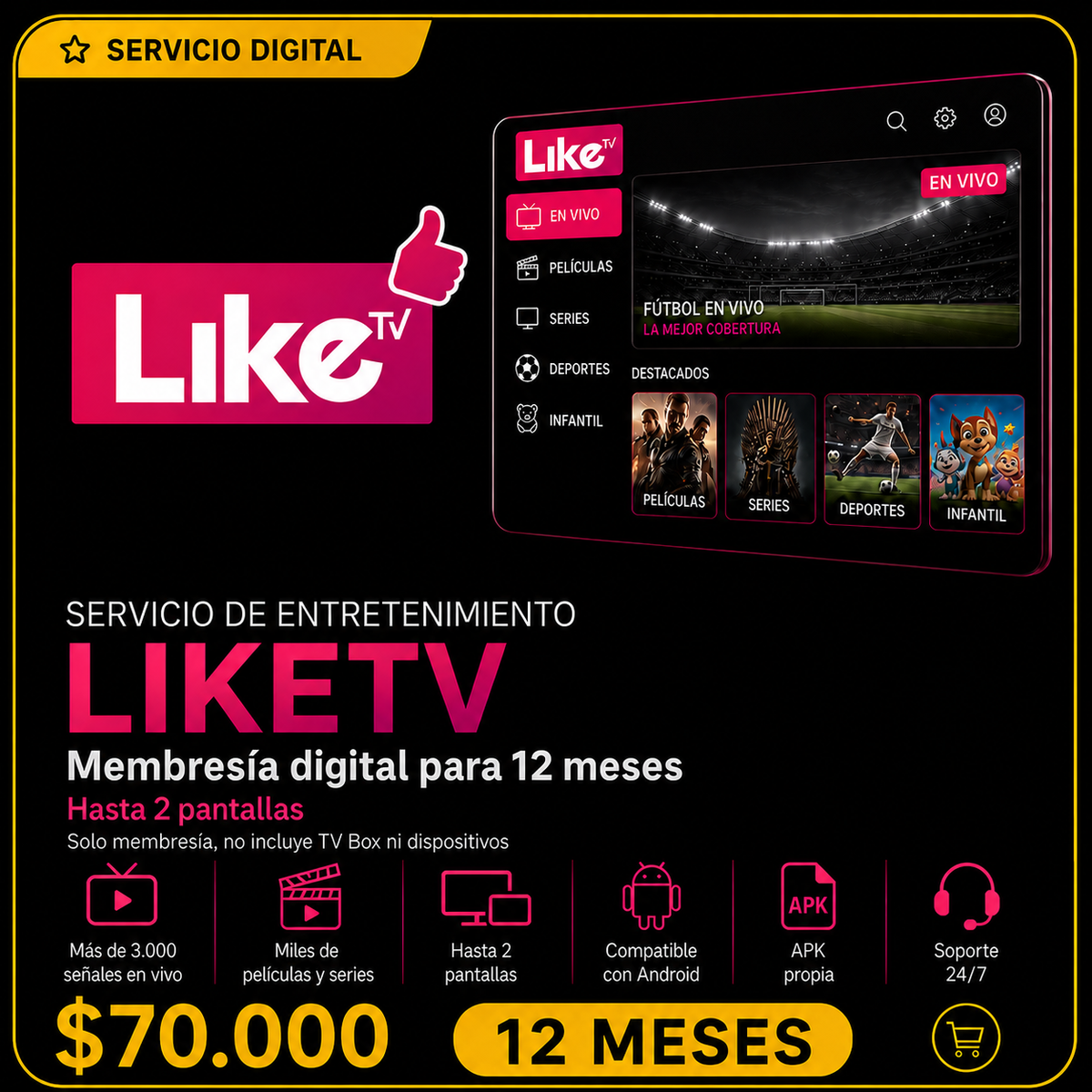 LikeTV - Membresía Digital 12 meses (2 pantallas)