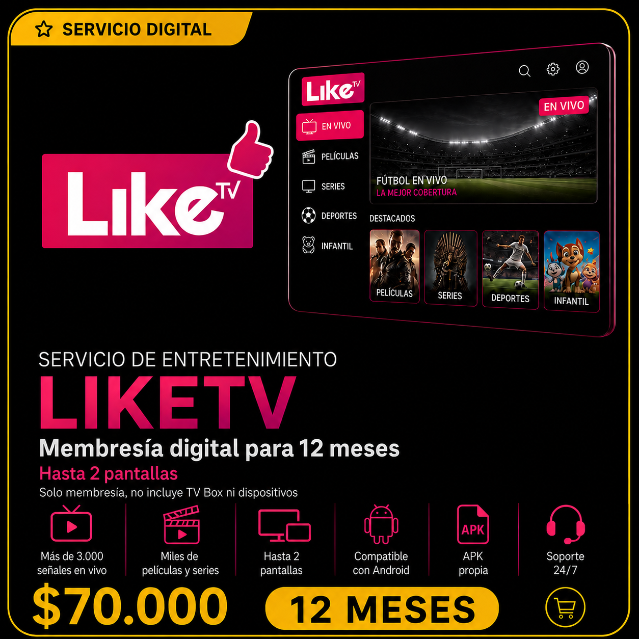 LikeTV - Membresía Digital 12 meses (2 pantallas)